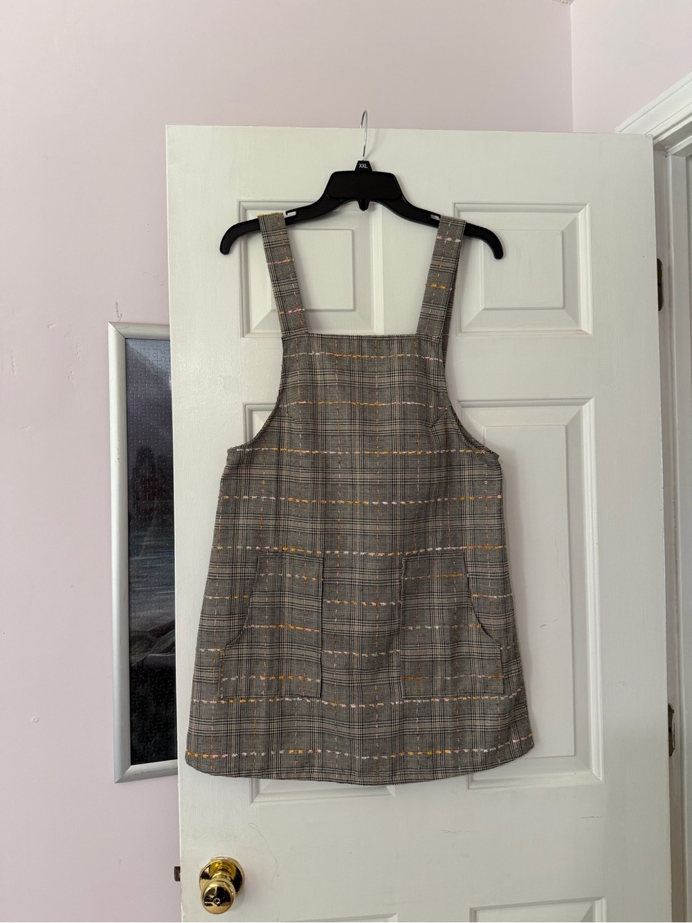 Sadie & Sage Plaid Mini Pinafore Dress in Brown and Tan
